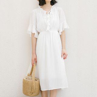 Chiffon Lace-up Flared-sleeve Midi Dress