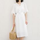 Chiffon Lace-up Flared-sleeve Midi Dress