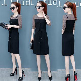 Mock Two-piece Striped Long-sleeve Midi A-line Dress