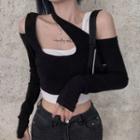 Long-sleeve Cold-shoulder Paneled Cropped T-shirt