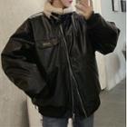 Fleece Trim Faux Leather Zip Jacket Black - One Size