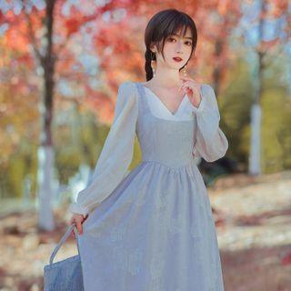 Long-sleeve Mock Two-piece V-neck Midi Dress