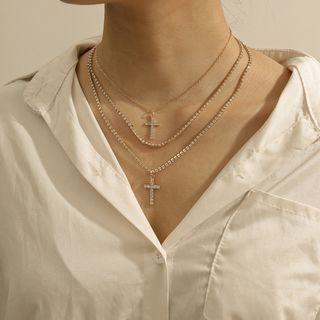 Rhinestone Cross Pendant Layered Necklace