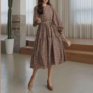 Patterned Long Tiered Dress With Sash