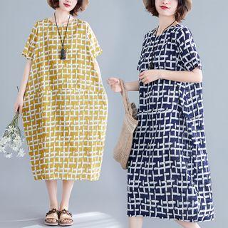 Plaid Print Round-neck Medium Maxi Short-sleeve Dress