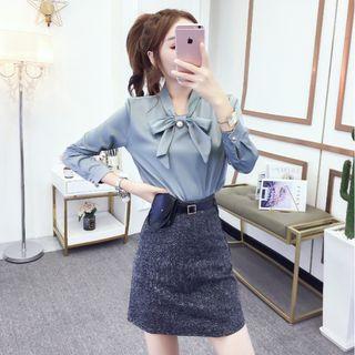 Faux Pearl Blouse / High-waist Skirt