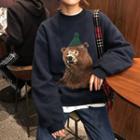 Bear Printed Pullover Navy Blue - One Size