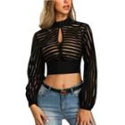 Cut-out Striped Long-sleeve Cropped Top