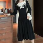 Long-sleeve Two Tone Sailor-collar Knit Midi Dress