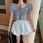 Sequined Puff-sleeve Cropped Top / Plain Band-waist Shorts