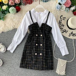 Set: Long-sleeve Shirt + Spaghetti Strap Tweed Pinafore Dress