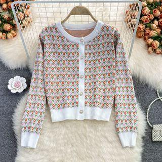 Floral Jacquard Round Neck Cardigan Pink - One Size