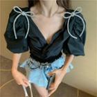 Puff-sleeve Knot-front Crop Top