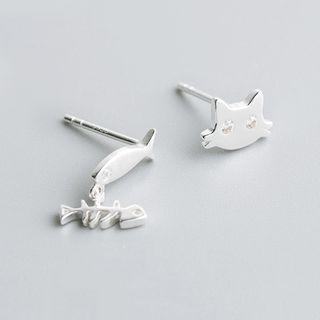 925 Sterling Silver Cat & Fish Earring 1 Pair - S925 Sterling Silver - One Size