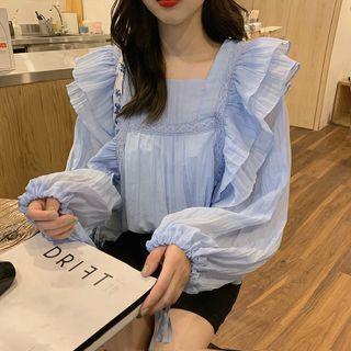 Frill Trim Blouse Blue - One Size