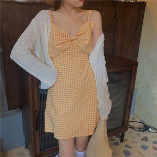 Spaghetti Strap Bow-front Check Mini A-line Dress / Light Cardigan