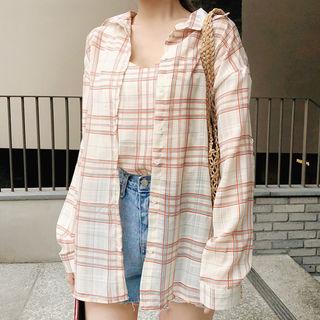 Set: Drop-shoulder Plaid Shirt + Camisole Top