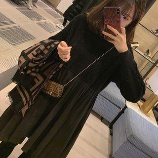 Long-sleeve Knit Panel A-line Pleated Dress