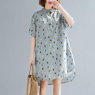 Elbow-sleeve Patterned Polo Shirt Dress