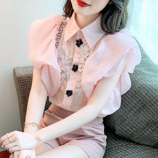 Puff-sleeve Flower Embroidered Rhinestone Shirt