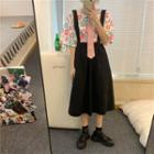 Short-sleeve Floral Blouse / Plain Pinafore Dress