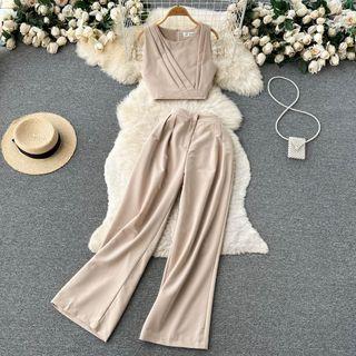 Set Of 2 : Sleeveless Pleated Top + High-waist Wide-leg Pants