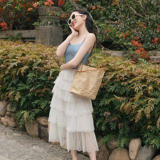 Spaghetti Strap Two-tone Midi Tiered Dress