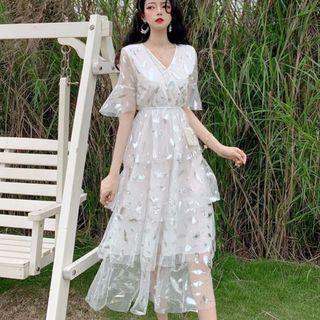 Elbow-sleeve Embroidered Tiered Midi Dress