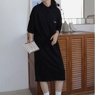 Elbow-sleeve Number Print Collared Midi T-shirt Dress