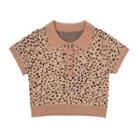 Short-sleeve Polo-neck Leopard Print Knit Top