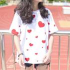 Heart Embroidered Short Sleeve T-shirt White - One Size