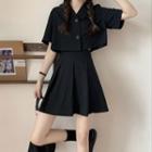 Set: Short-sleeve Plain Blazer + Mini A-line Skirt