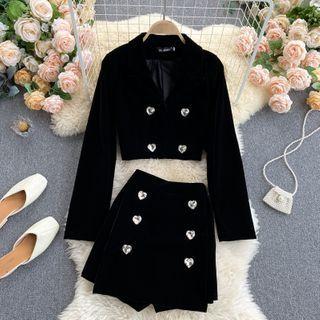 Set 2-piece : Heart Rhinestone Blazer + Double-breasted Skort