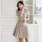 Notch-collar Pleated Tweed Dress