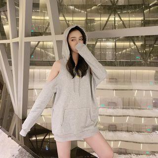 Shoulder Cut Out Hoodie Gray - One Size