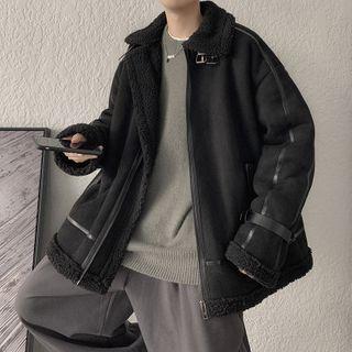 Contrast Trim Shearling Panel Coat