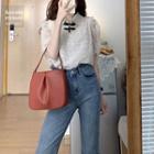 Short-sleeve Dotted Blouse / Bootcut Cropped Jeans