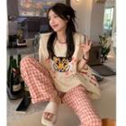 Short-sleeve Tiger Print Knit Top / Gingham Loose Fit Pants