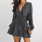 Striped V-neck Long Sleeve A-line Mini Dress