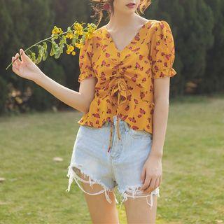 V-neck Drawstring Balloon-sleeve Blouse