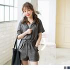 Smocked-cuff Short Sleeve Hooded Playsuit