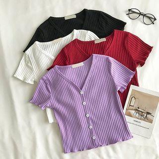 Plain V-neck Single-breasted Rib-knit Short-sleeve Top