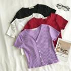 Plain V-neck Single-breasted Rib-knit Short-sleeve Top