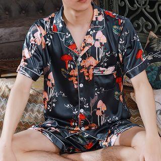 Loungewear Set : Short-sleeve Mushroom Print Shirt & Shorts