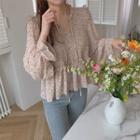 Bell Sleeve Placket Lace-up Floral Peplum Top Pink - One Size