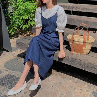Puff-sleeve Blouse / Spaghetti Strap Denim Midi A-line Dress