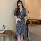 Puff-sleeve Ruffle Trim Asymmetrical Hem Midi Dress Black - One Size