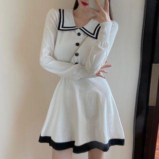 Sailor Collar Knit Dress White - One Size