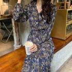 Long-sleeve Floral Print Midi A-line Dress Floral - Navy Blue - One Size