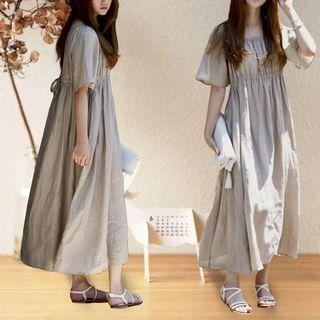 Puff-sleeve Drawstring Midi Smock Dress